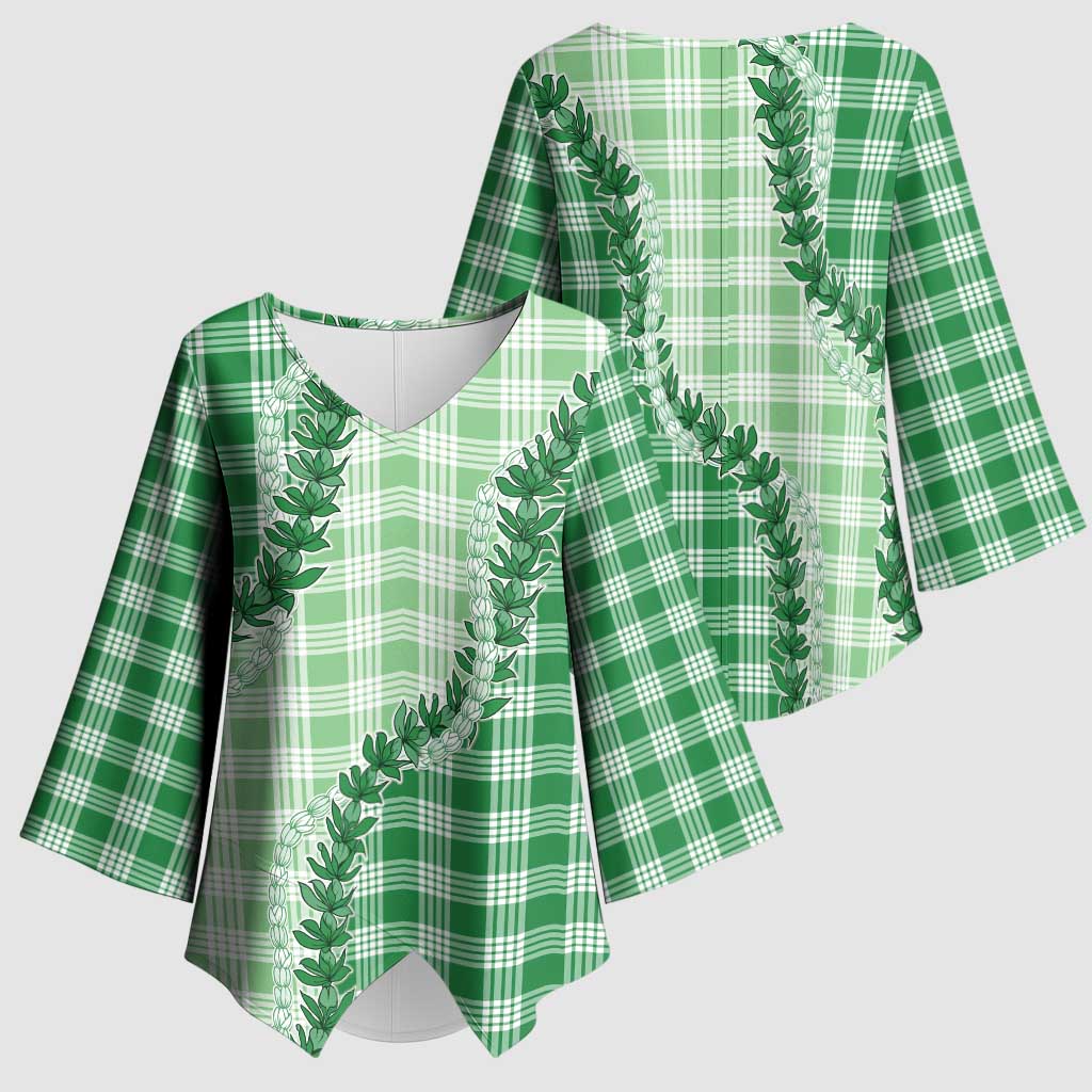 Green Hawaii Palaka Kimono Sleeve Blouse Hawaiian Pikake Lei