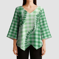 Green Hawaii Palaka Kimono Sleeve Blouse Hawaiian Pikake Lei