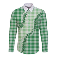 Green Hawaii Palaka Long Sleeve Button Shirt Hawaiian Pikake Lei