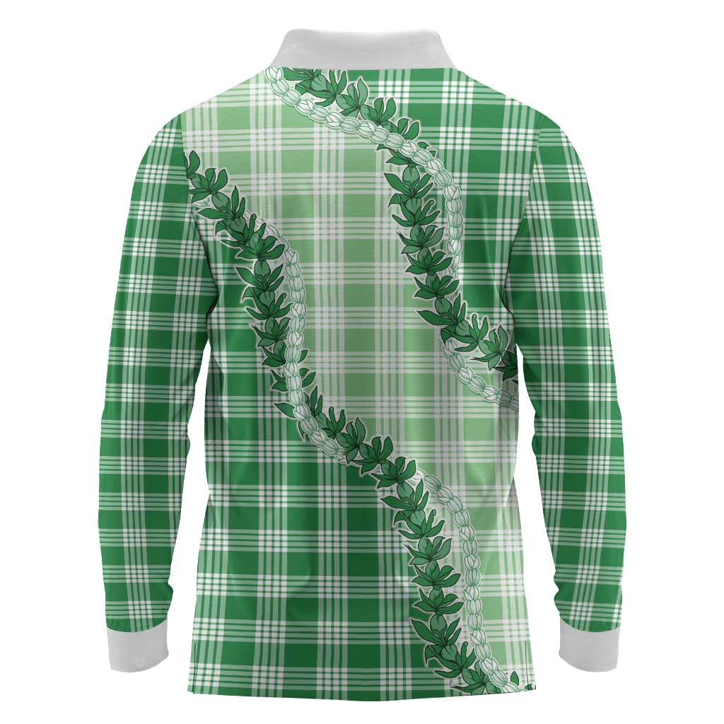 Green Hawaii Palaka Long Sleeve Polo Shirt Hawaiian Pikake Lei