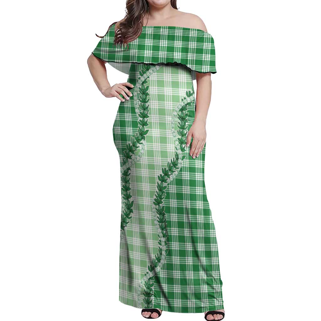 Green Hawaii Palaka Off Shoulder Maxi Dress Hawaiian Pikake Lei