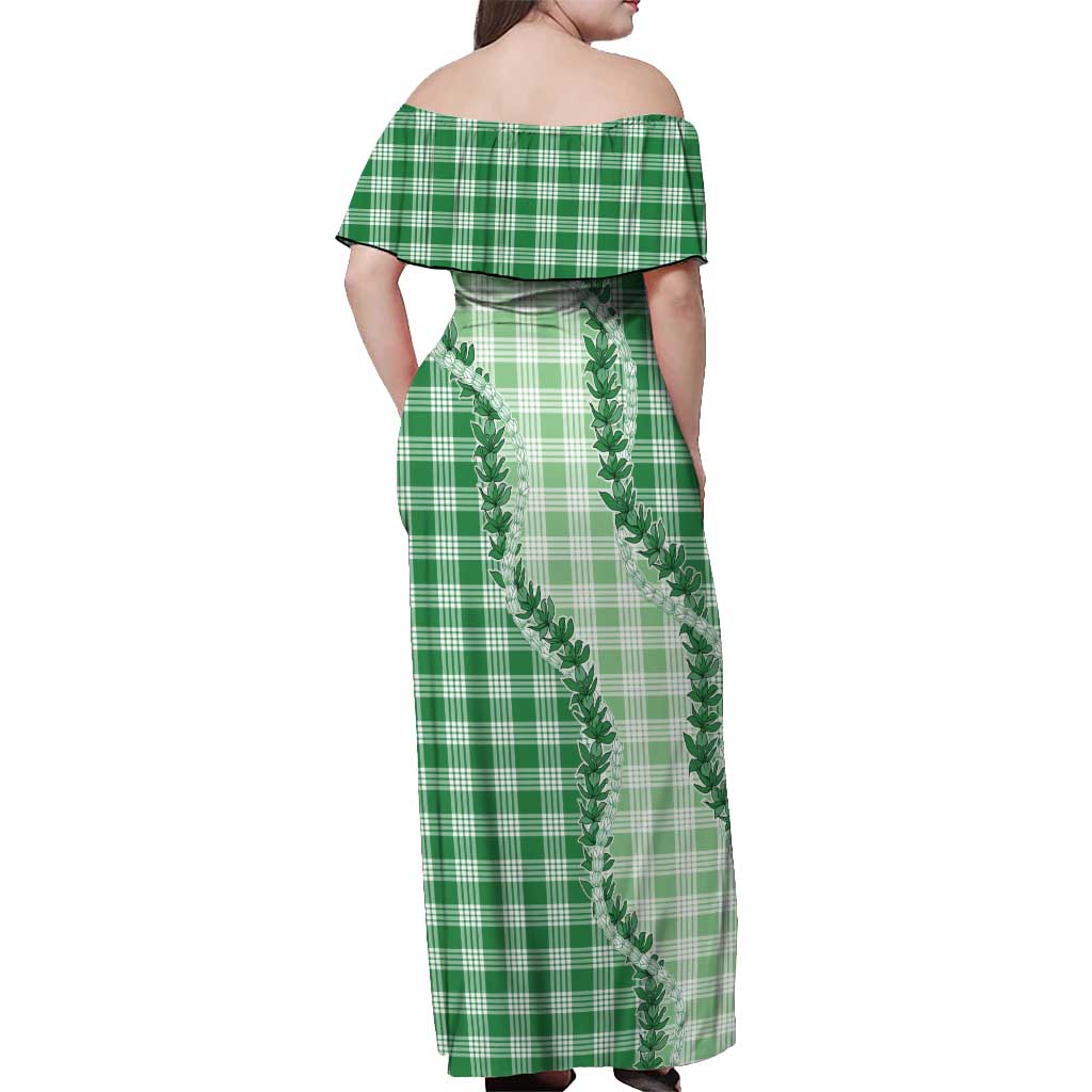 Green Hawaii Palaka Off Shoulder Maxi Dress Hawaiian Pikake Lei