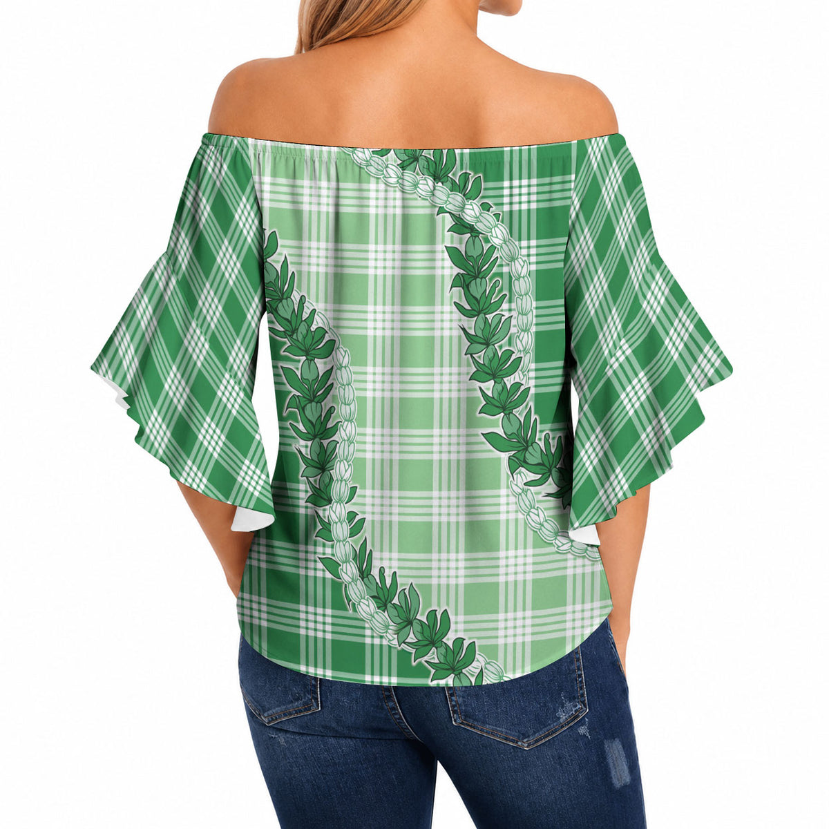 Green Hawaii Palaka Off Shoulder Wrap Waist Top Hawaiian Pikake Lei LT05 - Polynesian Pride