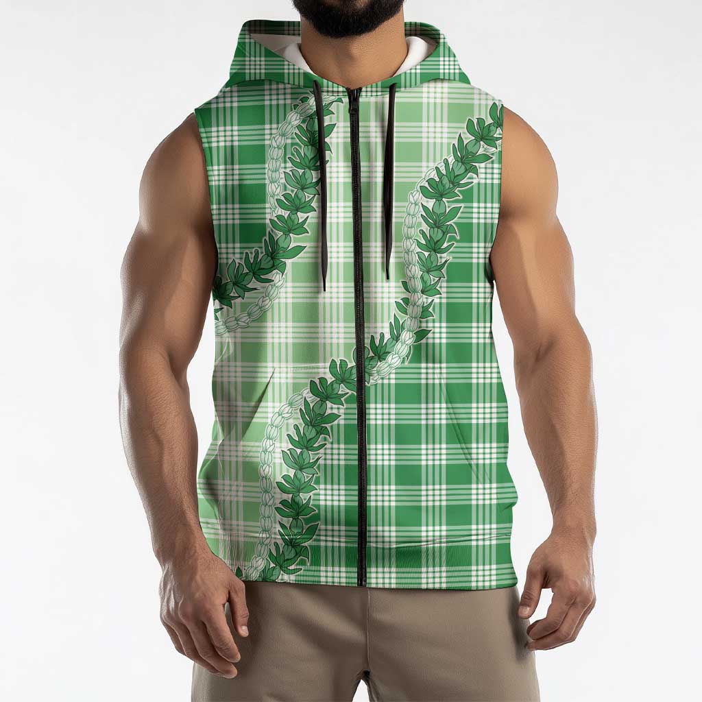 Green Hawaii Palaka Sleeveless Zip Hoodie Hawaiian Pikake Lei