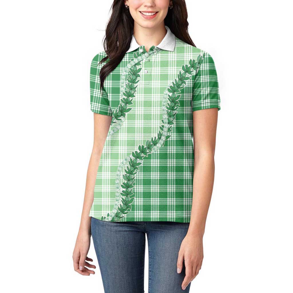Green Hawaii Palaka Women Polo Shirt Hawaiian Pikake Lei