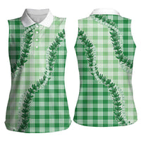 Green Hawaii Palaka Women Sleeveless Polo Shirt Hawaiian Pikake Lei