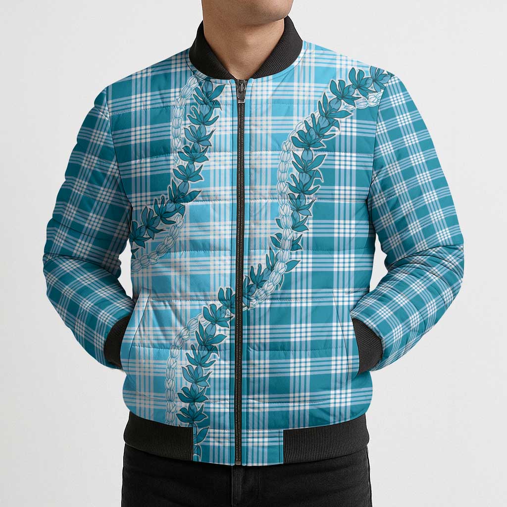 Blue Hawaii Palaka Bomber Puffer Jacket Hawaiian Pikake Lei