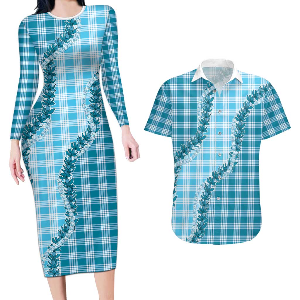 Blue Hawaii Palaka Couples Matching Long Sleeve Bodycon Dress and Hawaiian Shirt Hawaiian Pikake Lei LT05 Blue - Polynesian Pride