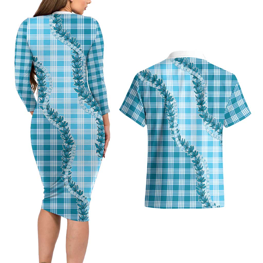 Blue Hawaii Palaka Couples Matching Long Sleeve Bodycon Dress and Hawaiian Shirt Hawaiian Pikake Lei LT05 - Polynesian Pride