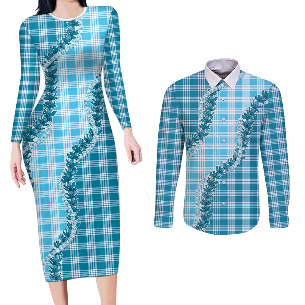 Blue Hawaii Palaka Couples Matching Long Sleeve Bodycon Dress and Long Sleeve Button Shirt Hawaiian Pikake Lei LT05 Blue - Polynesian Pride