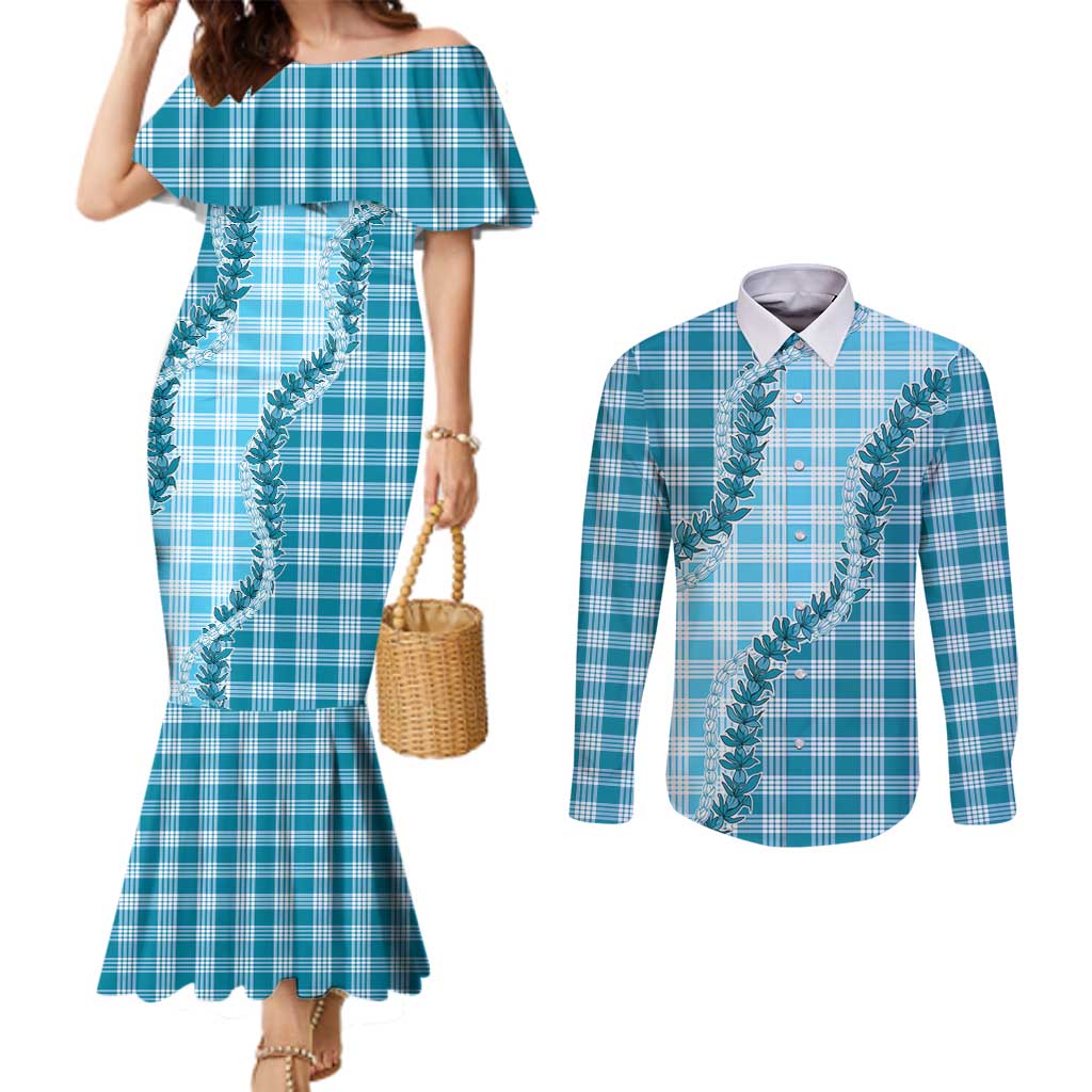 Blue Hawaii Palaka Couples Matching Mermaid Dress and Long Sleeve Button Shirt Hawaiian Pikake Lei LT05 Blue - Polynesian Pride