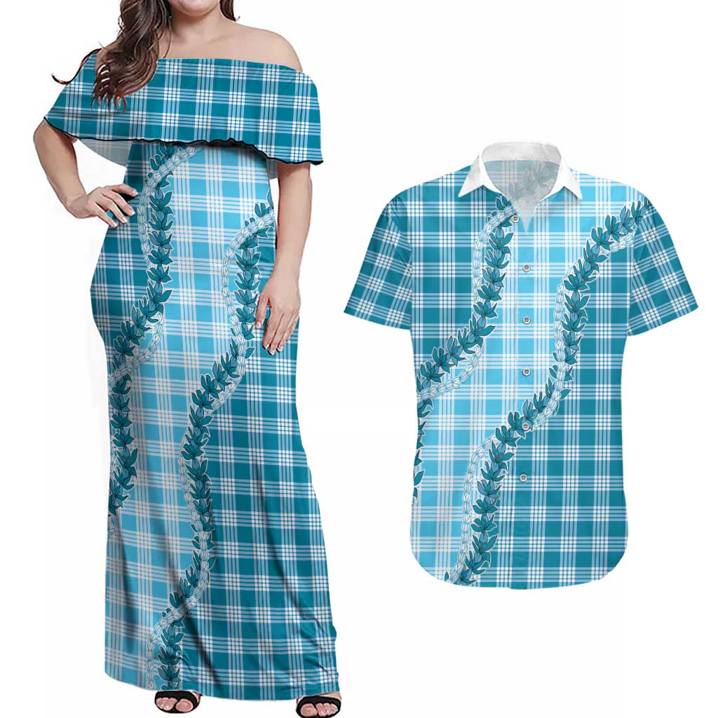 Blue Hawaii Palaka Couples Matching Off Shoulder Maxi Dress and Hawaiian Shirt Hawaiian Pikake Lei LT05 Blue - Polynesian Pride