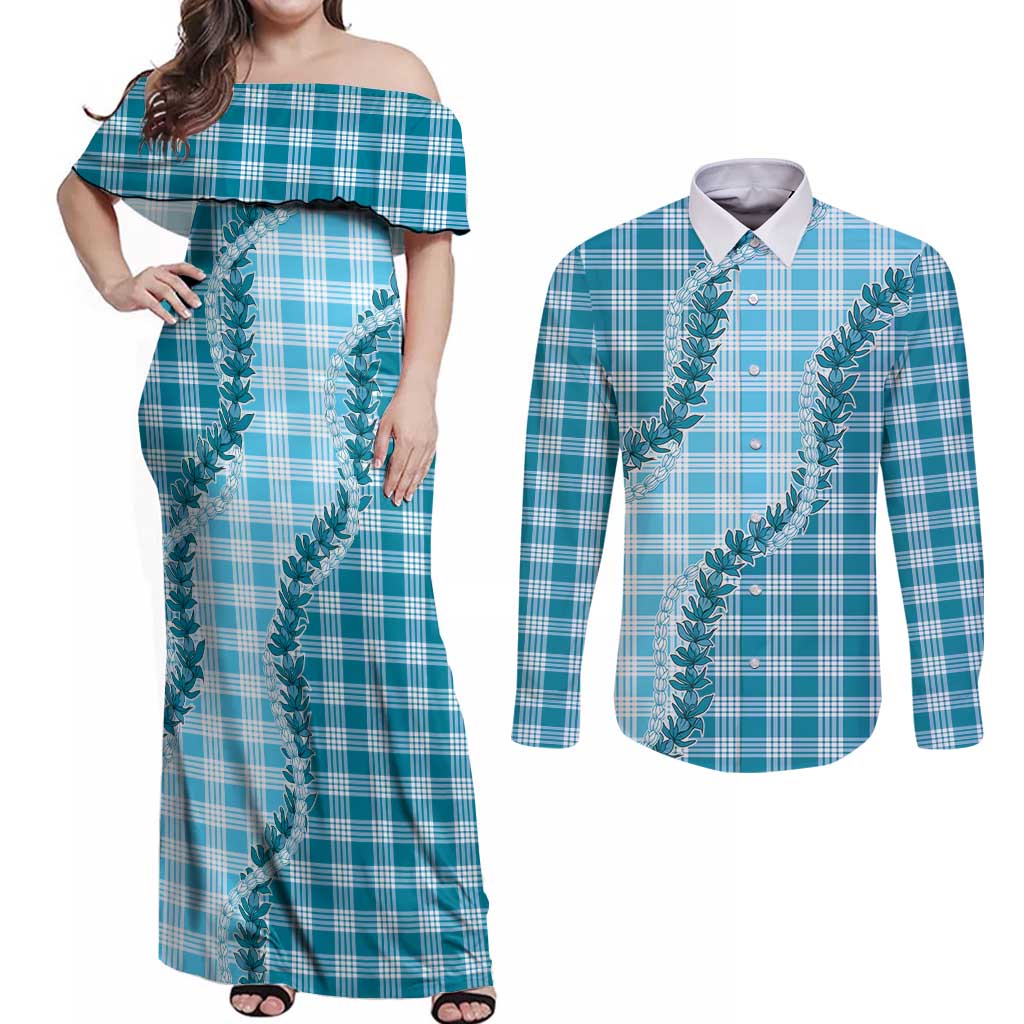 Blue Hawaii Palaka Couples Matching Off Shoulder Maxi Dress and Long Sleeve Button Shirt Hawaiian Pikake Lei LT05 Blue - Polynesian Pride