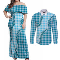 Blue Hawaii Palaka Couples Matching Off Shoulder Maxi Dress and Long Sleeve Button Shirt Hawaiian Pikake Lei