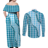 Blue Hawaii Palaka Couples Matching Off Shoulder Maxi Dress and Long Sleeve Button Shirt Hawaiian Pikake Lei