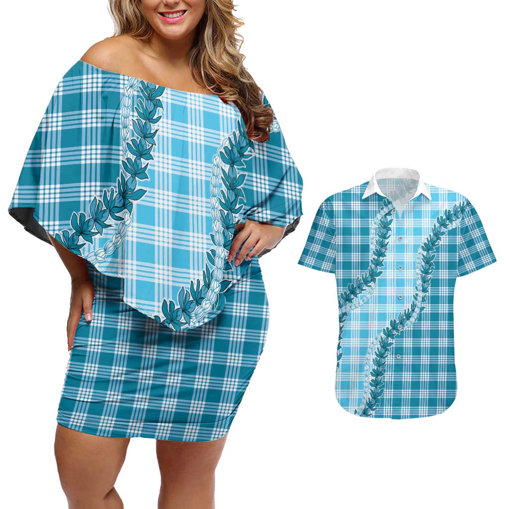 Blue Hawaii Palaka Couples Matching Off Shoulder Short Dress and Hawaiian Shirt Hawaiian Pikake Lei LT05 Blue - Polynesian Pride
