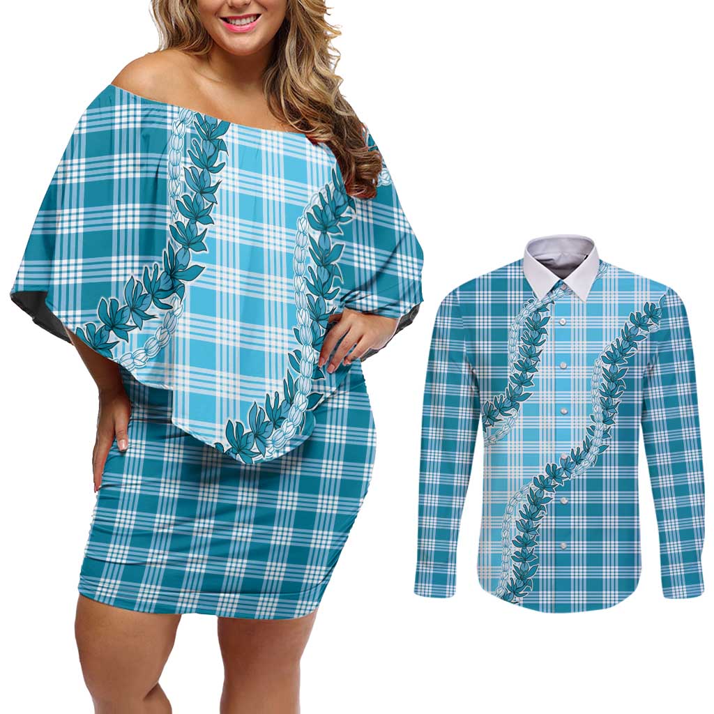 Blue Hawaii Palaka Couples Matching Off Shoulder Short Dress and Long Sleeve Button Shirt Hawaiian Pikake Lei