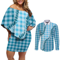 Blue Hawaii Palaka Couples Matching Off Shoulder Short Dress and Long Sleeve Button Shirt Hawaiian Pikake Lei