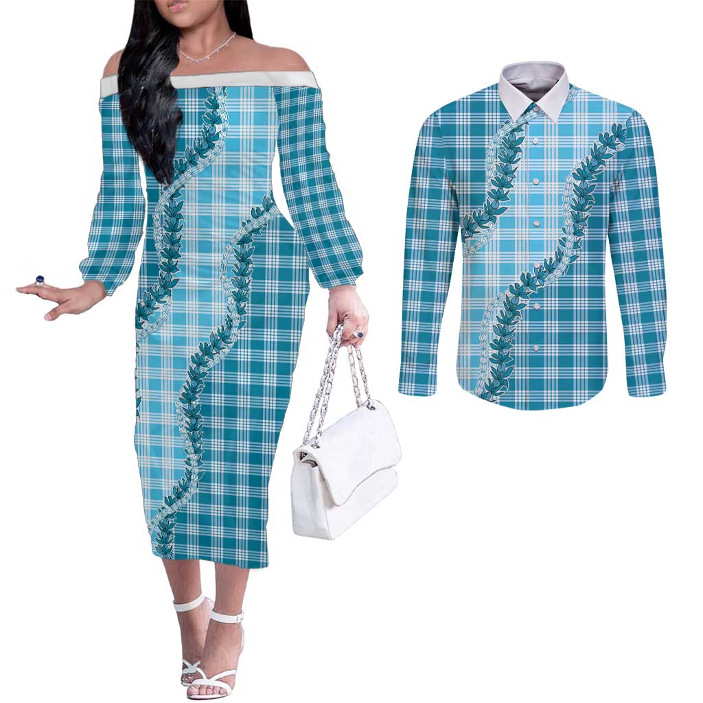 Blue Hawaii Palaka Couples Matching Off The Shoulder Long Sleeve Dress and Long Sleeve Button Shirt Hawaiian Pikake Lei LT05 Blue - Polynesian Pride