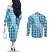 Blue Hawaii Palaka Couples Matching Off The Shoulder Long Sleeve Dress and Long Sleeve Button Shirt Hawaiian Pikake Lei LT05 - Polynesian Pride