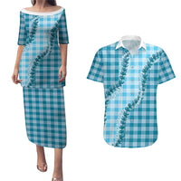 Blue Hawaii Palaka Couples Matching Puletasi and Hawaiian Shirt Hawaiian Pikake Lei