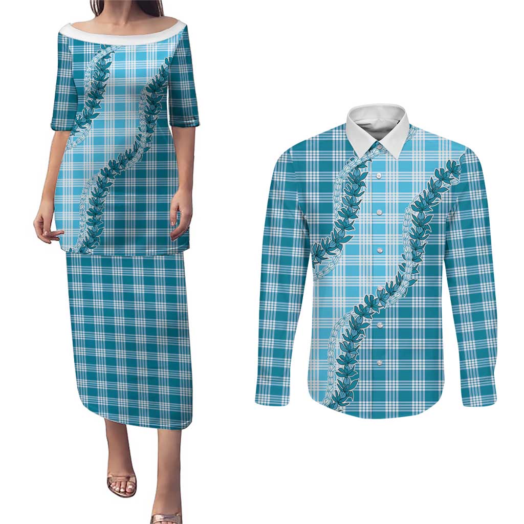 Blue Hawaii Palaka Couples Matching Puletasi and Long Sleeve Button Shirt Hawaiian Pikake Lei LT05 Blue - Polynesian Pride