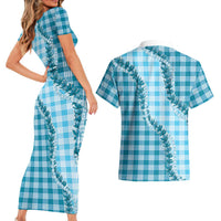 Blue Hawaii Palaka Couples Matching Short Sleeve Bodycon Dress and Hawaiian Shirt Hawaiian Pikake Lei LT05 - Polynesian Pride