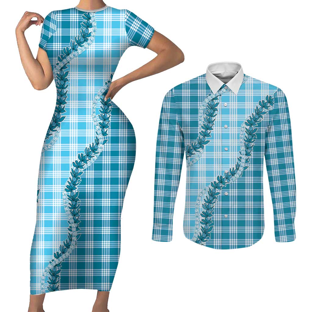 Blue Hawaii Palaka Couples Matching Short Sleeve Bodycon Dress and Long Sleeve Button Shirt Hawaiian Pikake Lei LT05 Blue - Polynesian Pride