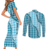 Blue Hawaii Palaka Couples Matching Short Sleeve Bodycon Dress and Long Sleeve Button Shirt Hawaiian Pikake Lei LT05 - Polynesian Pride