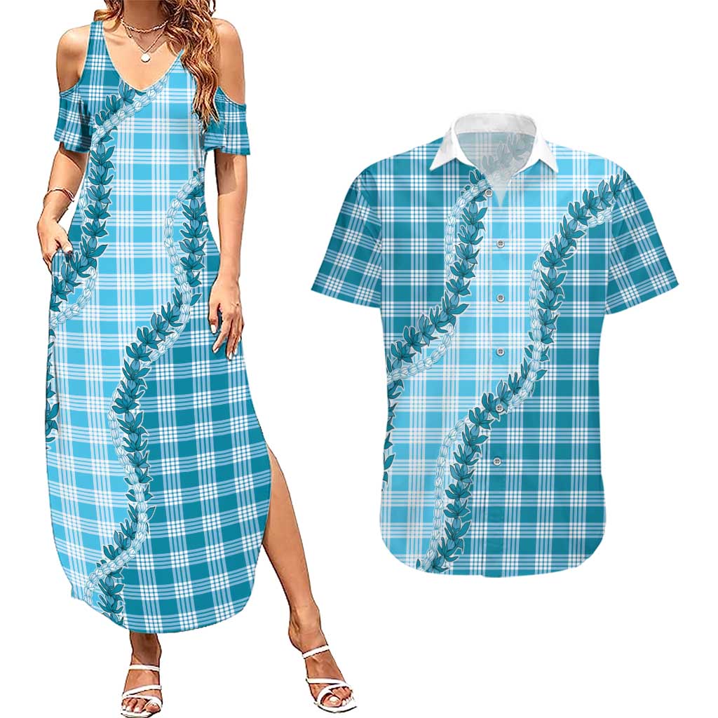 Blue Hawaii Palaka Couples Matching Summer Maxi Dress and Hawaiian Shirt Hawaiian Pikake Lei LT05 Blue - Polynesian Pride