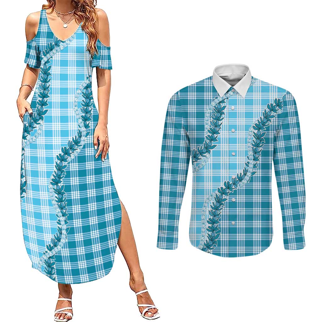 Blue Hawaii Palaka Couples Matching Summer Maxi Dress and Long Sleeve Button Shirt Hawaiian Pikake Lei LT05 Blue - Polynesian Pride