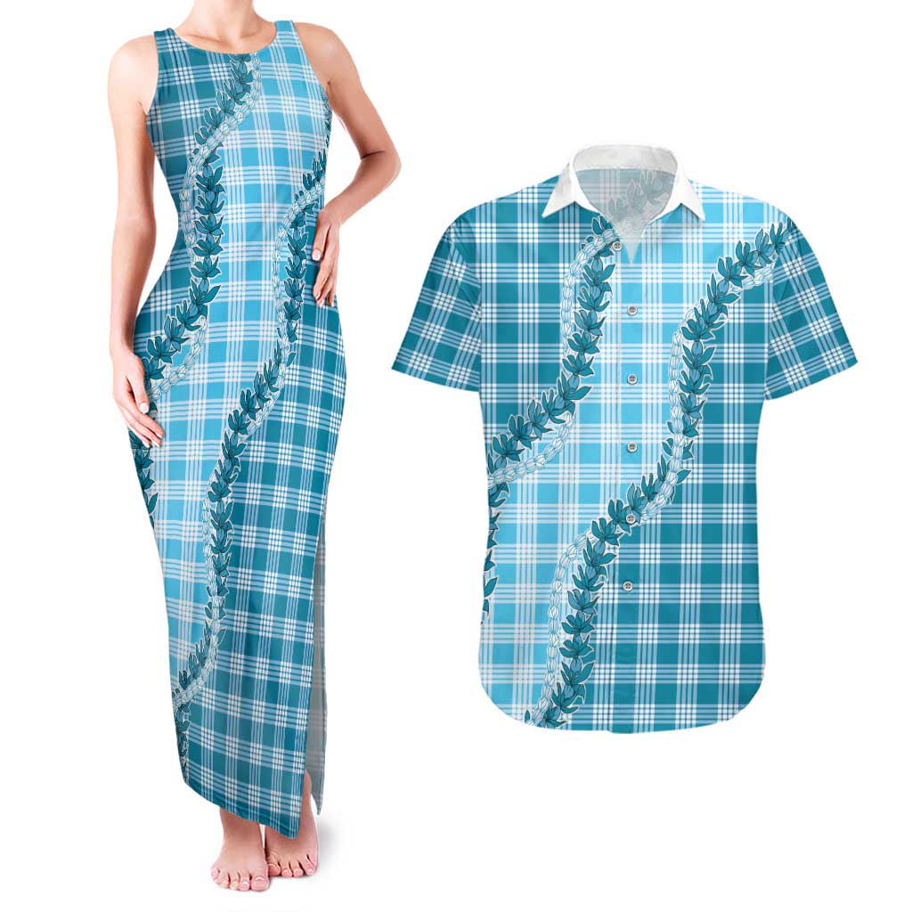 Blue Hawaii Palaka Couples Matching Tank Maxi Dress and Hawaiian Shirt Hawaiian Pikake Lei LT05 Blue - Polynesian Pride