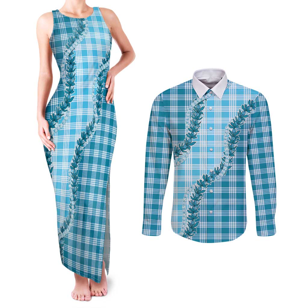 Blue Hawaii Palaka Couples Matching Tank Maxi Dress and Long Sleeve Button Shirt Hawaiian Pikake Lei LT05 Blue - Polynesian Pride