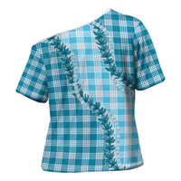 Blue Hawaii Palaka Cross Shoulder Shirt Hawaiian Pikake Lei
