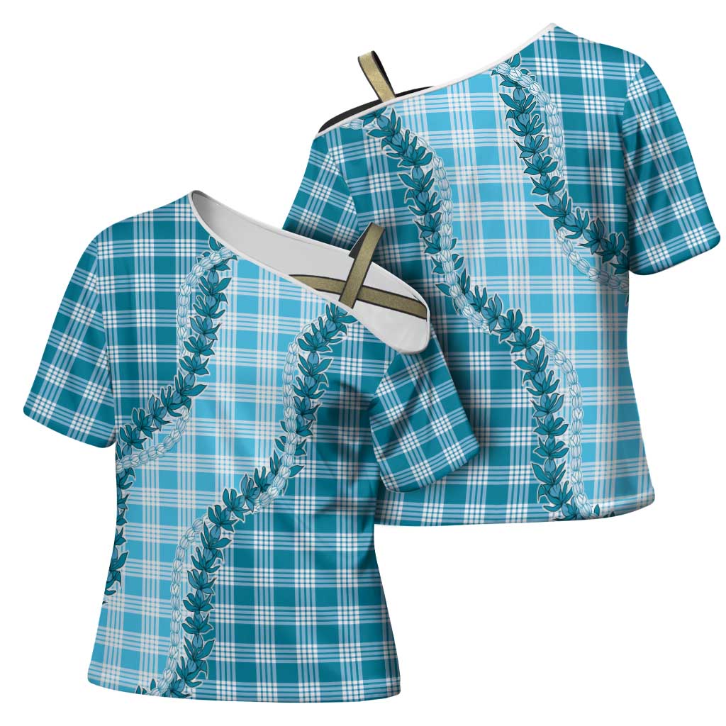 Blue Hawaii Palaka Cross Shoulder Shirt Hawaiian Pikake Lei