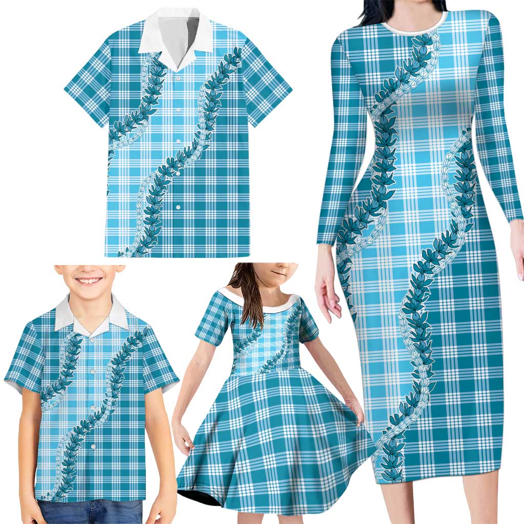 Blue Hawaii Palaka Family Matching Long Sleeve Bodycon Dress and Hawaiian Shirt Hawaiian Pikake Lei