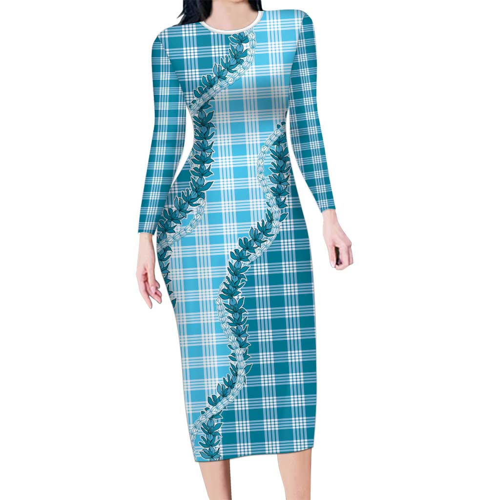 Blue Hawaii Palaka Family Matching Long Sleeve Bodycon Dress and Hawaiian Shirt Hawaiian Pikake Lei LT05 Mom's Dress Blue - Polynesian Pride