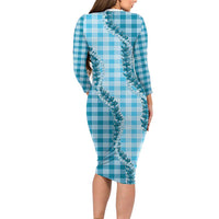 Blue Hawaii Palaka Family Matching Long Sleeve Bodycon Dress and Hawaiian Shirt Hawaiian Pikake Lei LT05 - Polynesian Pride