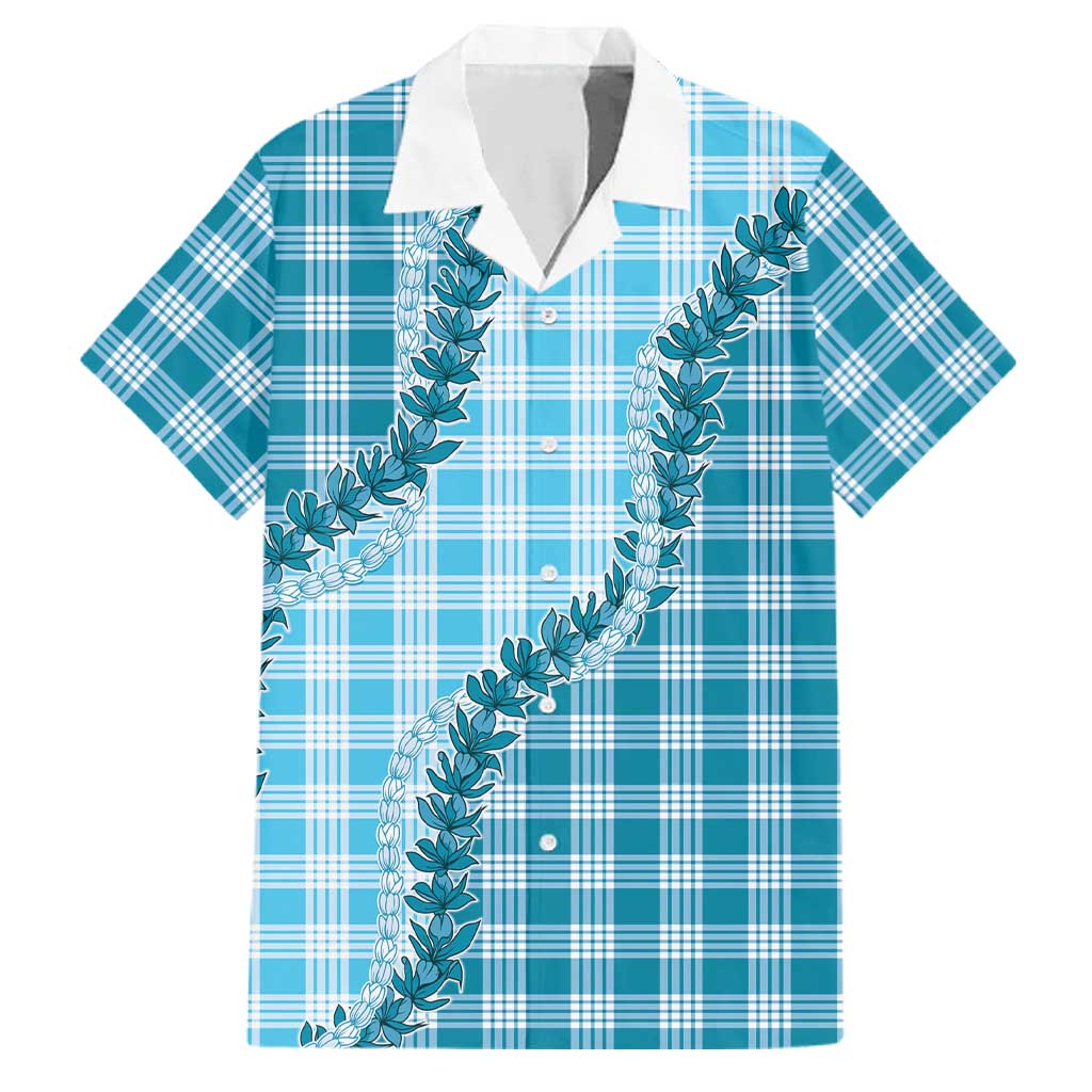 Blue Hawaii Palaka Family Matching Off The Shoulder Long Sleeve Dress and Hawaiian Shirt Hawaiian Pikake Lei LT05 Dad's Shirt - Short Sleeve Blue - Polynesian Pride
