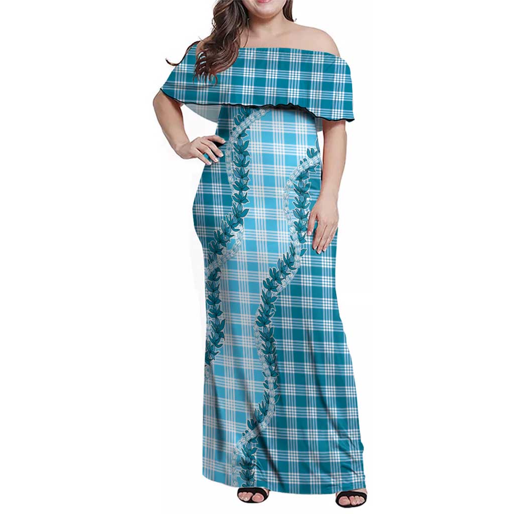 Blue Hawaii Palaka Family Matching Off Shoulder Maxi Dress and Hawaiian Shirt Hawaiian Pikake Lei LT05 Mom's Dress Blue - Polynesian Pride