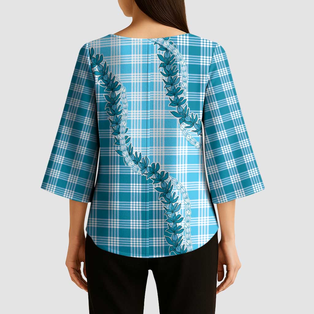 Blue Hawaii Palaka Kimono Sleeve Blouse Hawaiian Pikake Lei