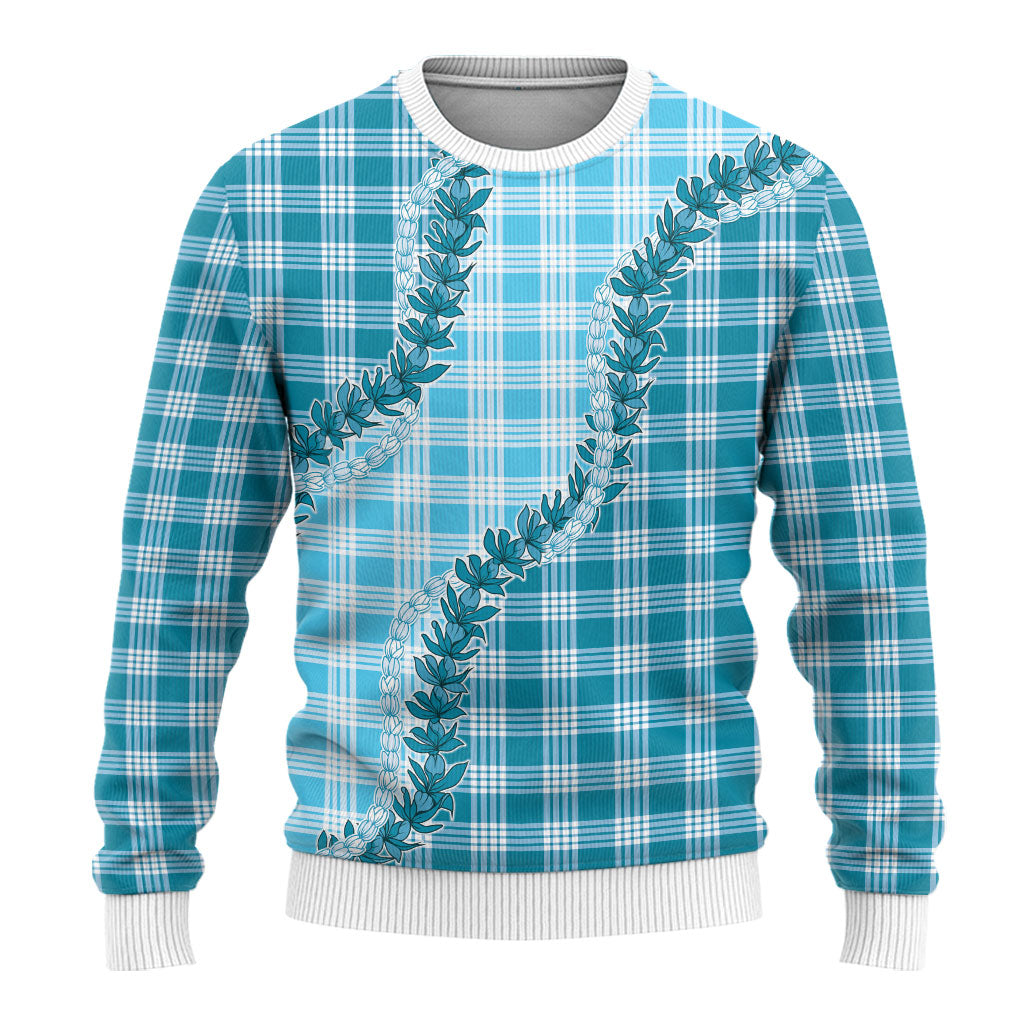 Blue Hawaii Palaka Ugly Christmas Sweater Hawaiian Pikake Lei