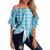 Blue Hawaii Palaka Off Shoulder Wrap Waist Top Hawaiian Pikake Lei LT05 - Polynesian Pride