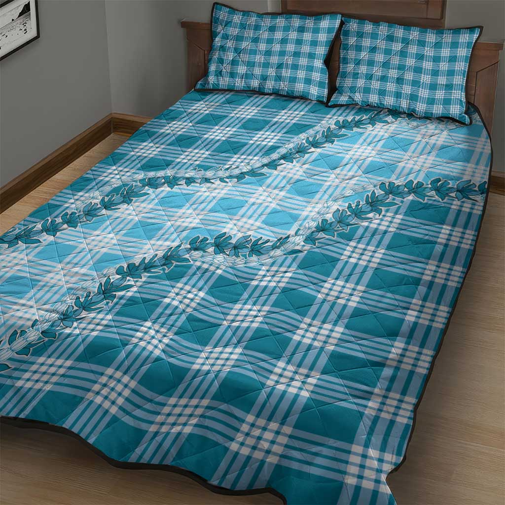 Blue Hawaii Palaka Quilt Bed Set Hawaiian Pikake Lei