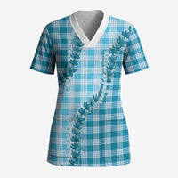 Blue Hawaii Palaka Scrub Top Hawaiian Pikake Lei