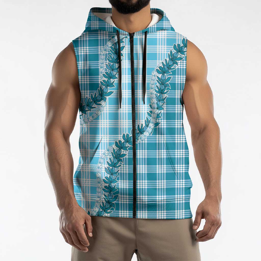 Blue Hawaii Palaka Sleeveless Zip Hoodie Hawaiian Pikake Lei LT05 - Polynesian Pride
