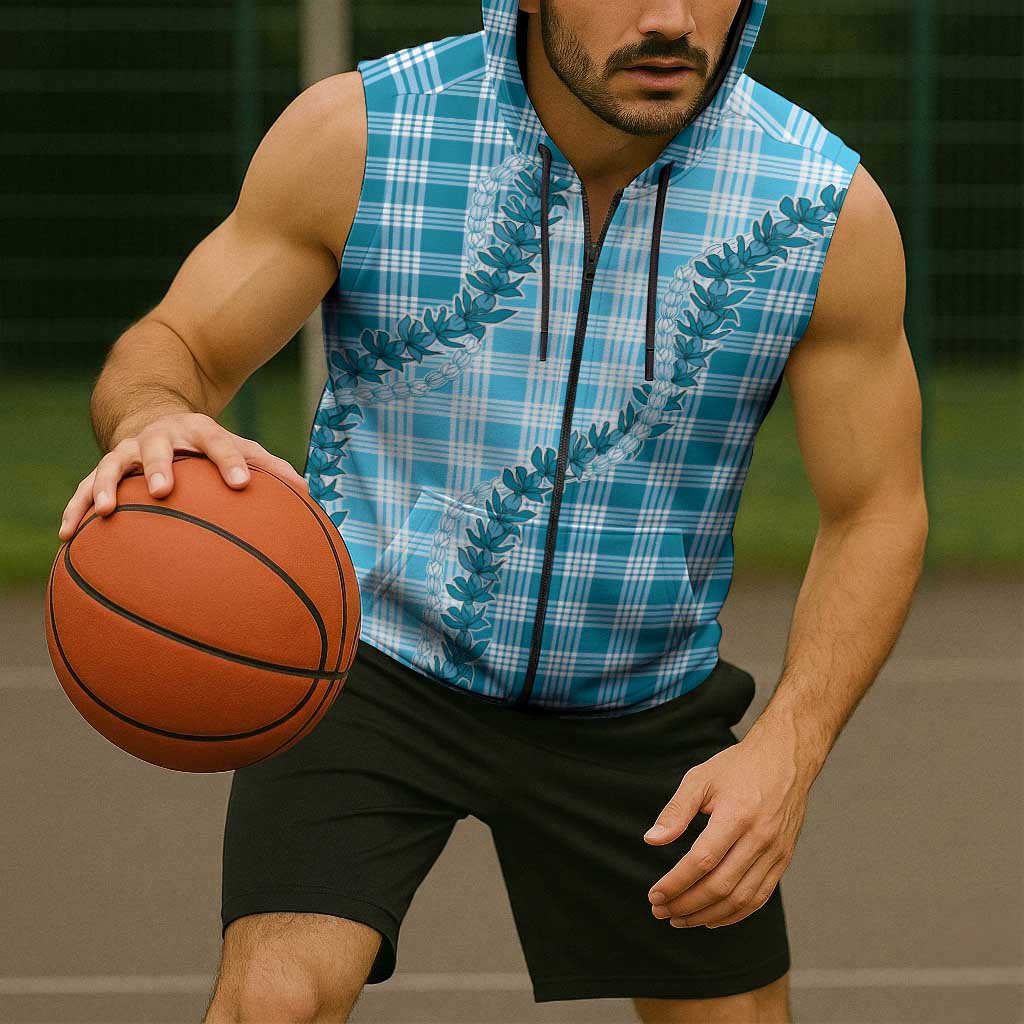 Blue Hawaii Palaka Sleeveless Zip Hoodie Hawaiian Pikake Lei LT05 - Polynesian Pride