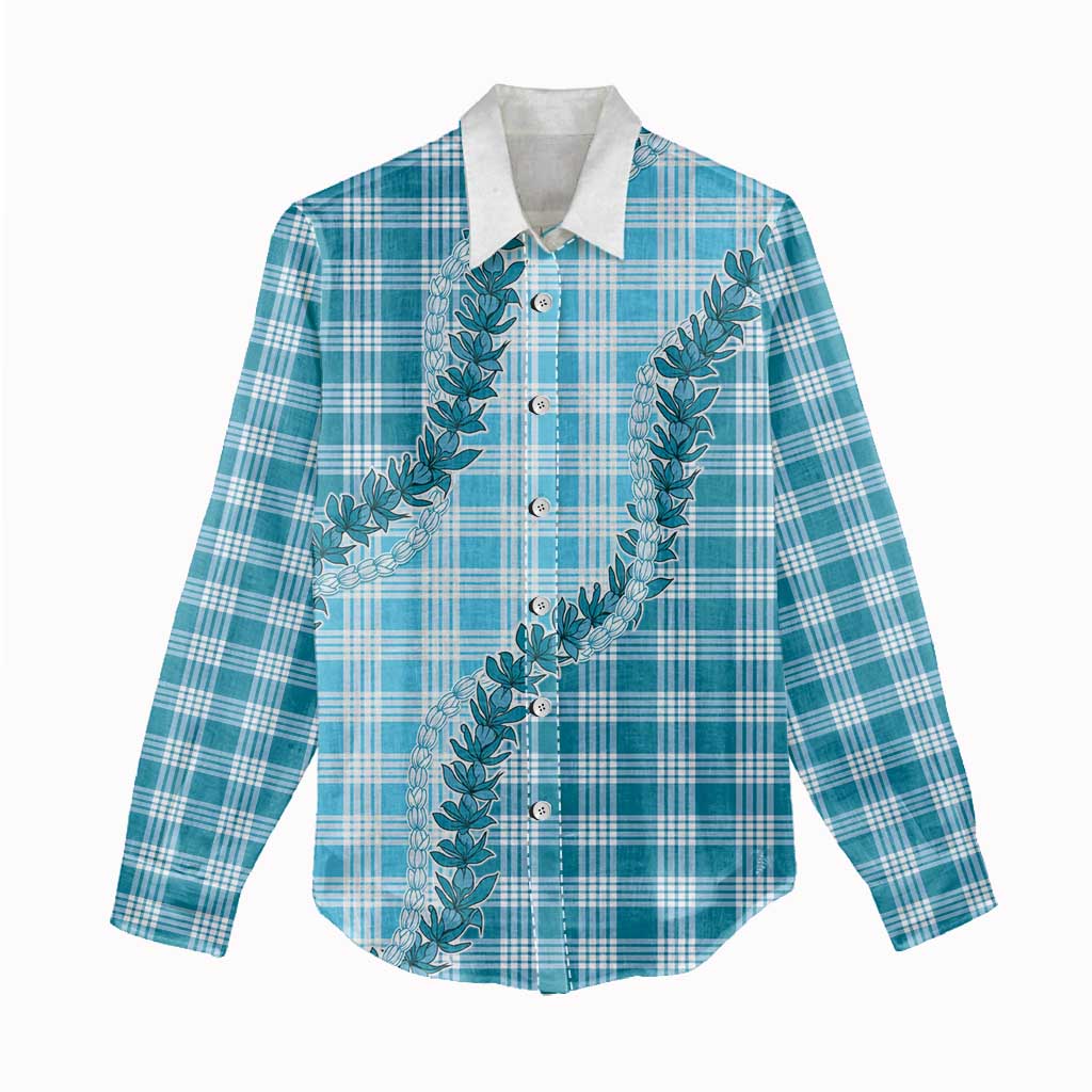 Blue Hawaii Palaka Women Casual Shirt Hawaiian Pikake Lei