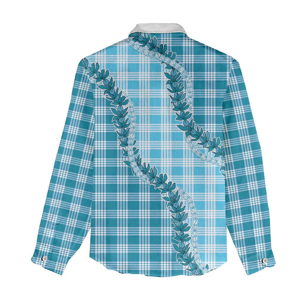 Blue Hawaii Palaka Women Casual Shirt Hawaiian Pikake Lei