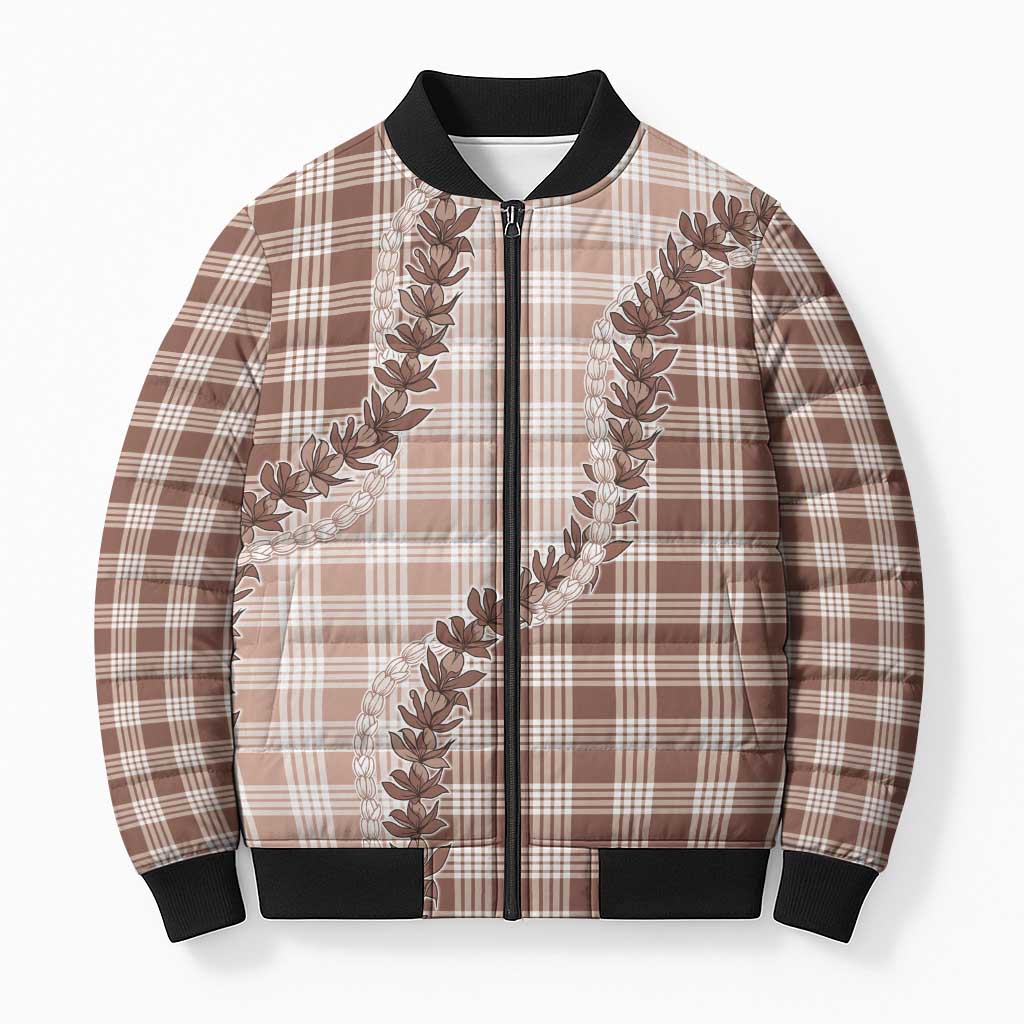 Beige Hawaii Palaka Bomber Puffer Jacket Hawaiian Pikake Lei
